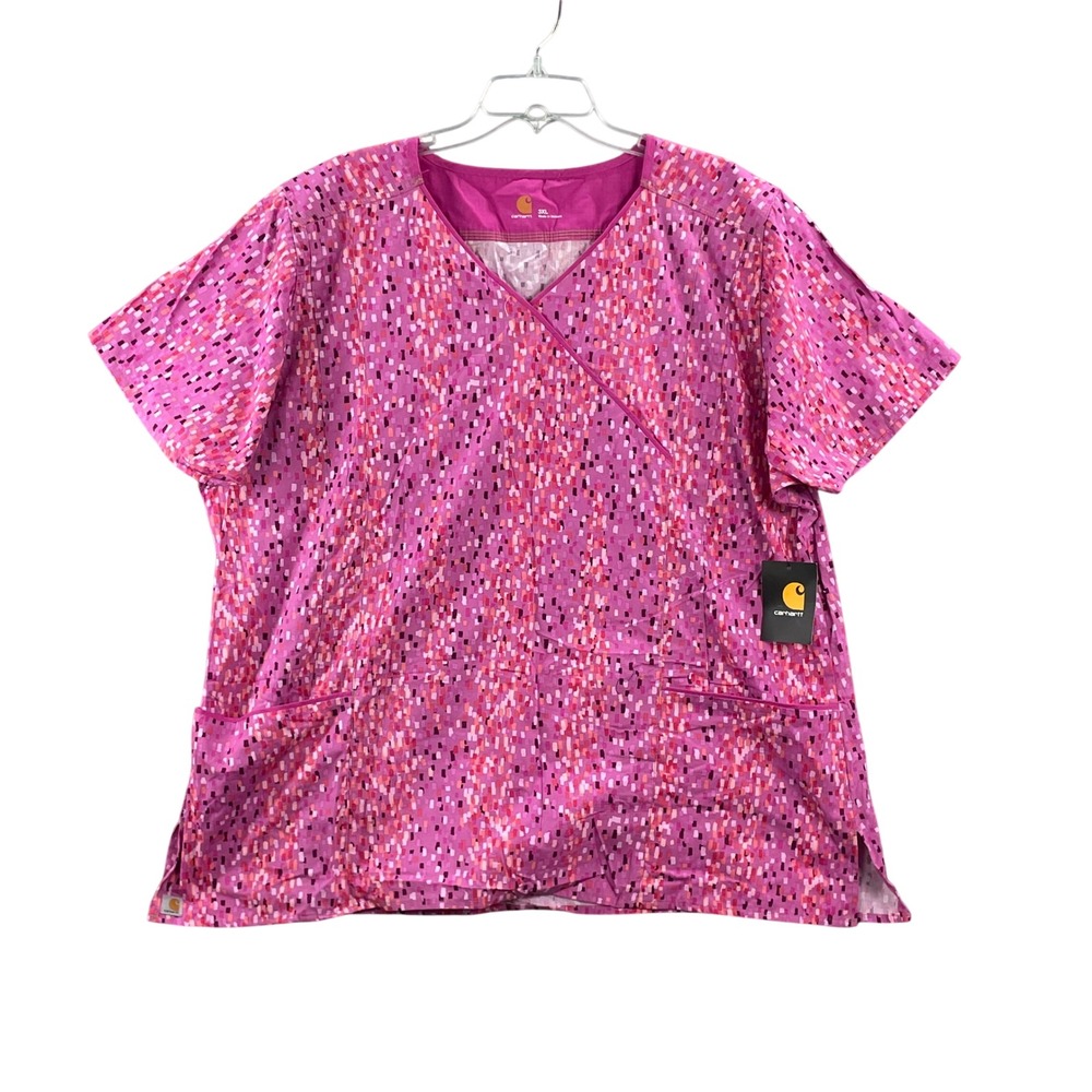 Carhartt Scrub Top Womens 3XL Pink Mosaic Print Mock Wrap V-Neck Workwear Nurse